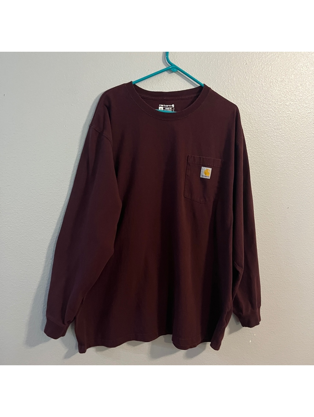 Carhartt K126 Mens 2XL Burgundy Port Long Sleeve Pocket T Shirt Loose Fit